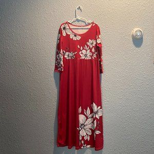 Girls Long Sleeve Red w/ White Floral Empire Waist Maxi Dress